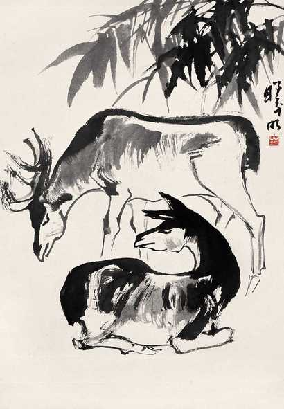林曦明 双鹿图 立轴